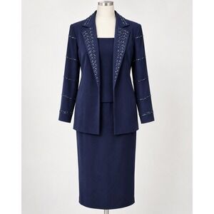 Fifth Sunday Exclusive Navy Blue Beaded Skirt Suit Set Blazer Maxi Skirt Size 8